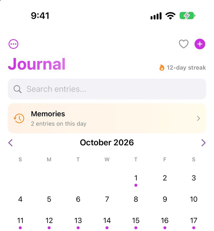 The new Penlock Timeline screenshot with a Memories banner and all seven weekday letters.