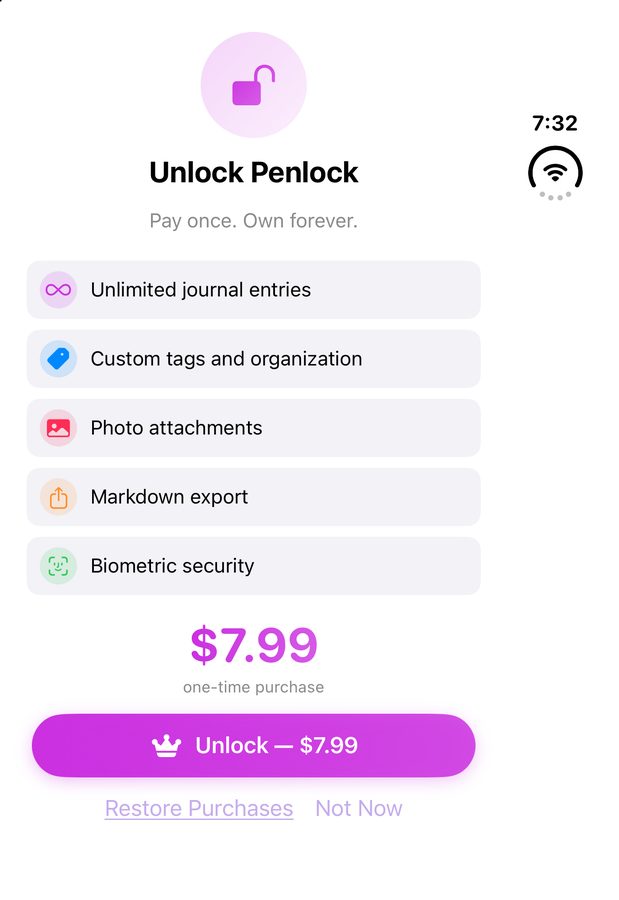 The same paywall after the fix. The price and the words one-time purchase sit just above the Unlock button.