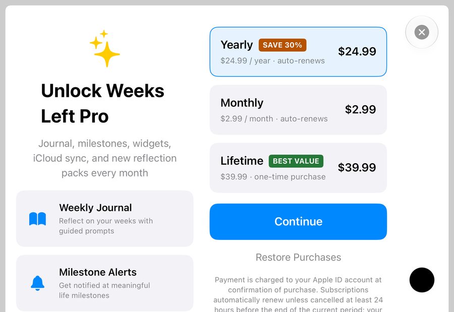 A paywall on the closed, turned Duo. Features are on the left and three plans with a Continue button are on the right.