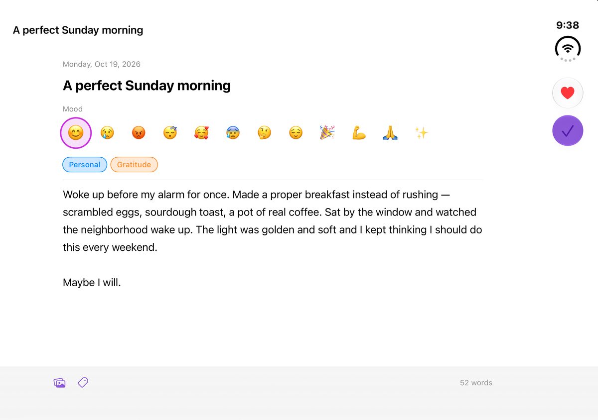 A journal editor on the open Duo. The text column is capped to a readable width.