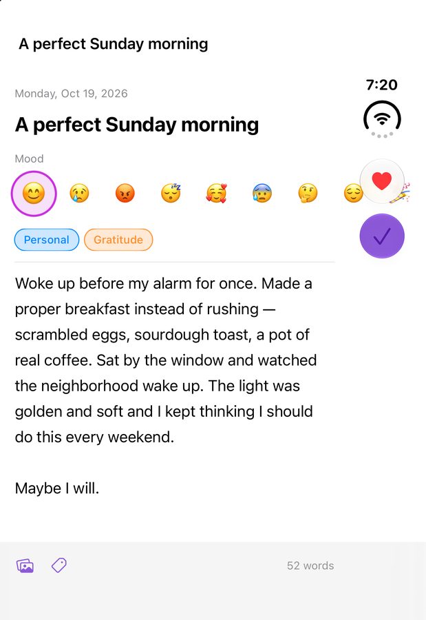 An editor on the closed Duo. The row of mood emoji runs under the vertical rail on the right, behind a heart and a checkmark button.