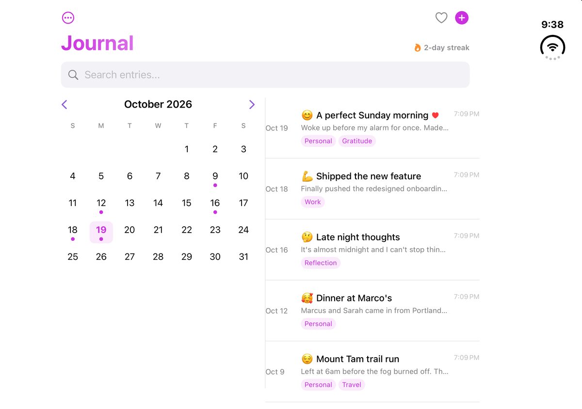 A journal app on the open Duo. A month calendar sits on the left and the list of entries on the right.