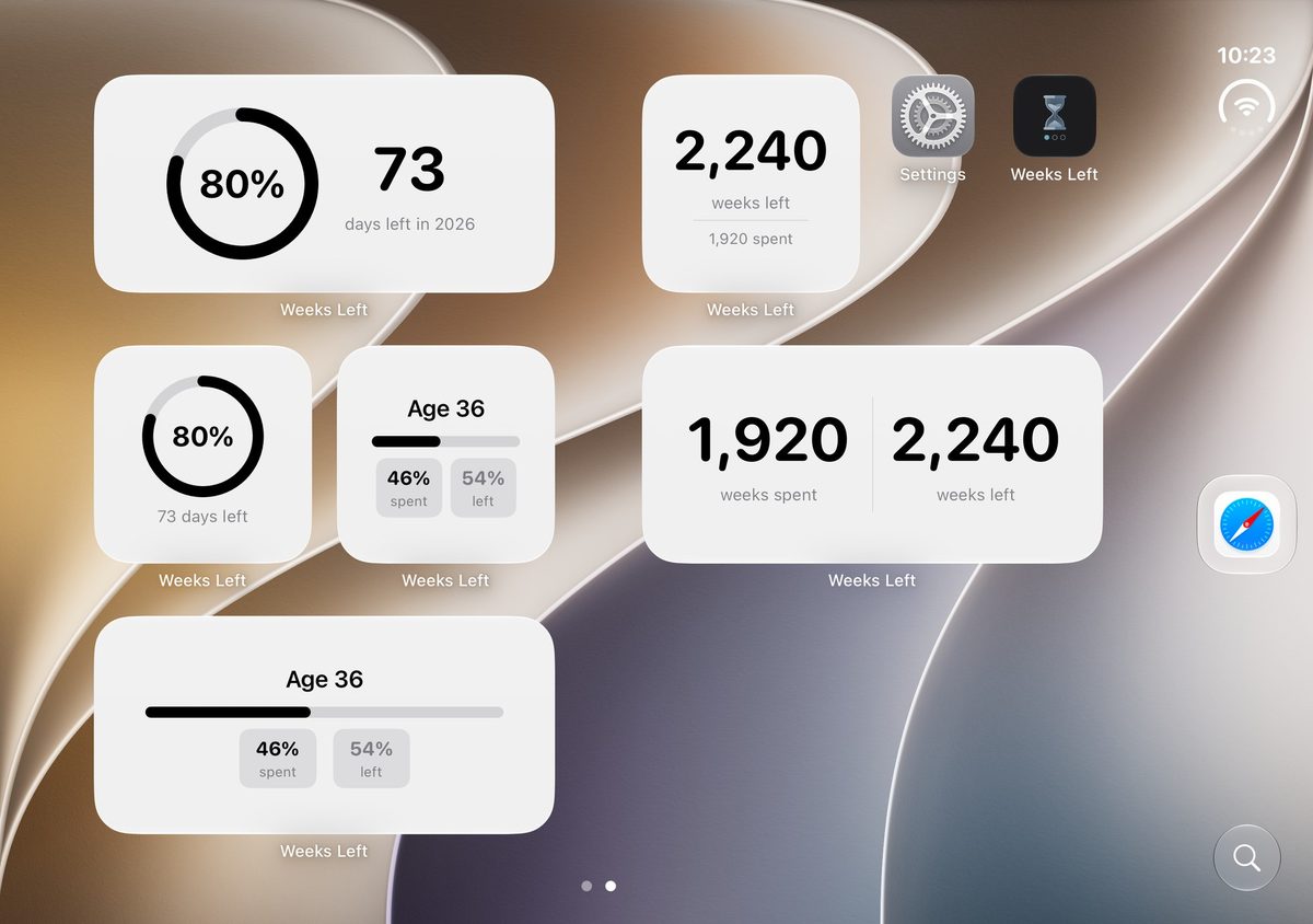 The Home Screen on the open Duo with five widgets of different sizes in a wide grid.